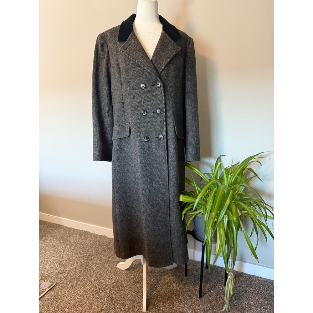 VTG Double Breasted Midi Coat Wool Gray Herringbone Velvet Collar Classic Chic L